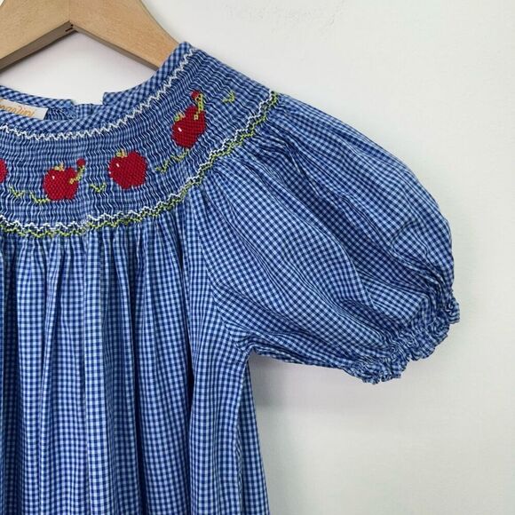 Anavini Kids Blue Gingham Smocked Worm and Apple Puff Sleeve Maxi Dress - Picture 4 of 7